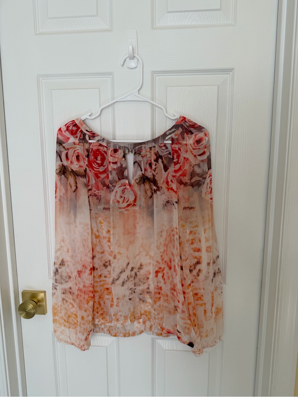 Jennifer Lopez Peach and Red Floral Chiffon Blouse